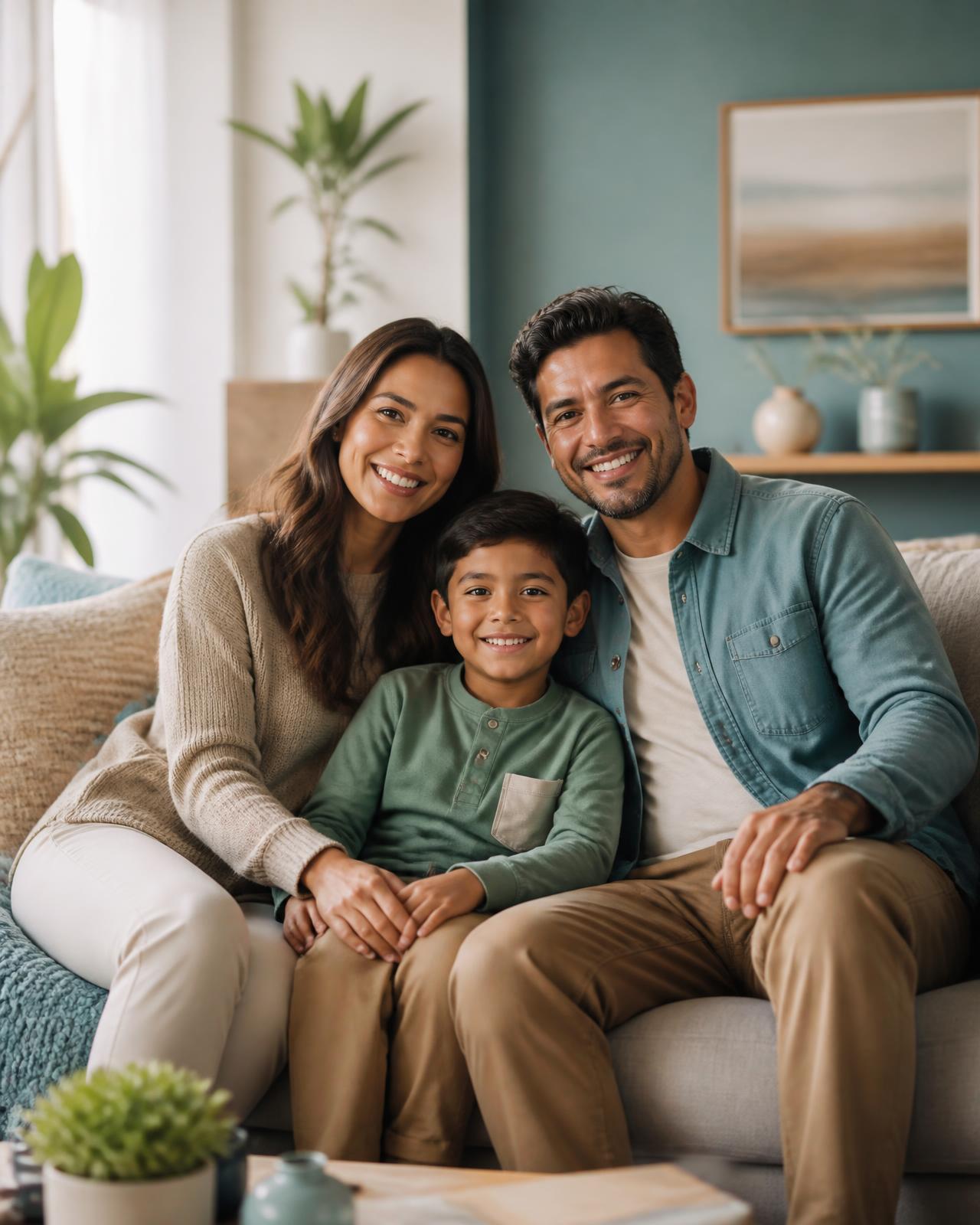 Familia sonriendo en la sala de su casa